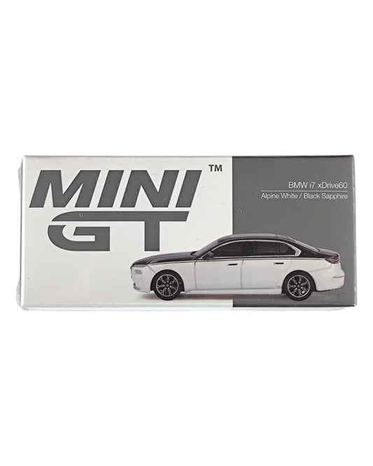 MINI GT BMW i7 xDrive60 – Alpine White / Black Sapphire LHD 1:64